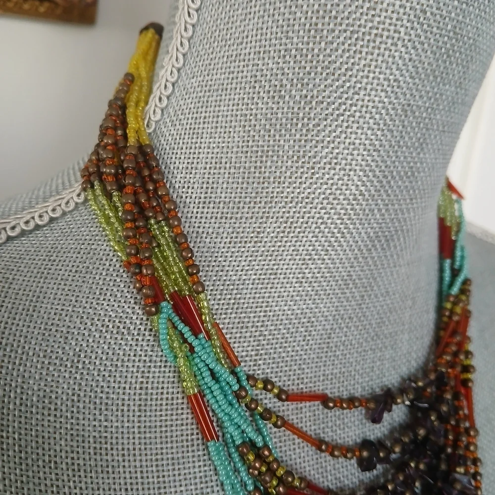 Colorful Peyote Multi-Stand Seed Bead Bohemian Necklace Native American Artistic
